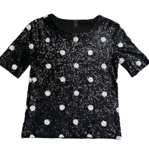 J. Crew Black Sequin Polka Dot Short Sleeve Top Cotton Tee XS 28614 HO12